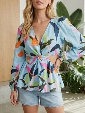 NEVER WORN! A new day Blue Floral Twist-Front Cutout Peplum Top Sz Large